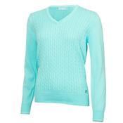 Green Lamb Nellie Cable Vee Neck Sweater 10 Aqua image