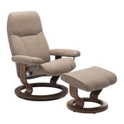 <strong>STRESSLESS</strong> Consul Large Chair With Classic Base Walnut &amp; Footstool Batick Leather Mole