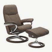 <strong>STRESSLESS</strong> Consul Large Chair With Signature Base Walnut &amp; Footstool Batick Leather Mole