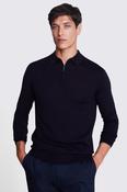 Navy Merino-Blend Zip-Neck Polo Shirt