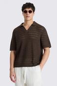 Brown Oversized Open-Knit Skipper Polo Shirt