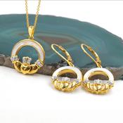 Claddagh Vermeil Mother of Pearl Drop Earring and Necklace Gift Set, From Ireland