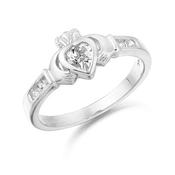 9K White Gold CZ Claddagh Ring with Channel Set Shoulders, From Ireland image