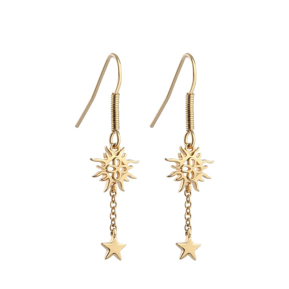 Newbridge Silverware Gold Plated Drop Earrings with Sun and Stars Design, 22mm x 10mm, Protective Anti Tarnish Layer, Butterfly Backs