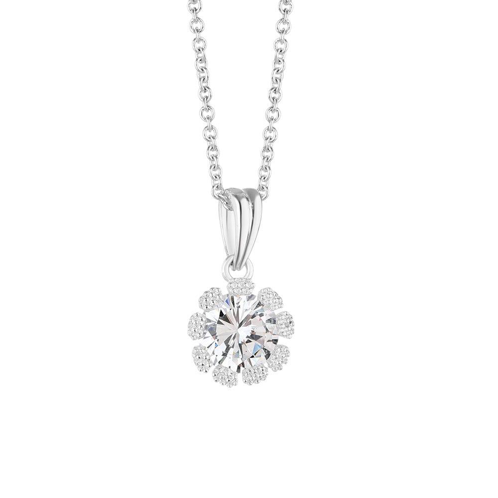 Newbridge Silver Flower Pendant with Clear Cubic Zirconia Stones, Silver Plated, 10mm x 5mm Pendant, 410mm Chain + 50mm Extension