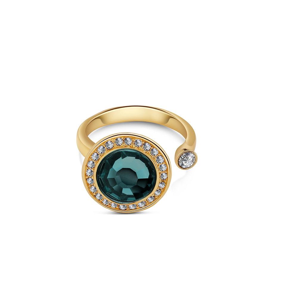 Newbridge Silverware 14k Gold Plated Ring with Oval Green Stone and Clear Crystal Accents, Adjustable, Anti-Tarnish Layer
