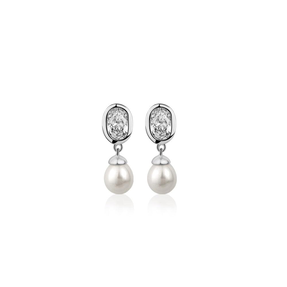 Newbridge Silver Pearl Drop Earrings with Clear Cubic Zirconia Stones - Silver Plated, Size 19mm x 12mm x 5mm, Anti-tarnish Layer, Titanium Posts, Butterfly Backs, Oval Clear Stones, Pearl Drop