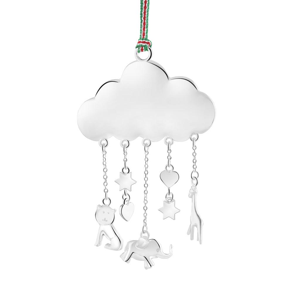 Newbridge Silverware Zoo Mobile Christmas Tree Decoration - Silver Plated Cloud with Lion, Elephant, Giraffe, Heart, Star, Leaf Charms - Festive Hanging Ribbon