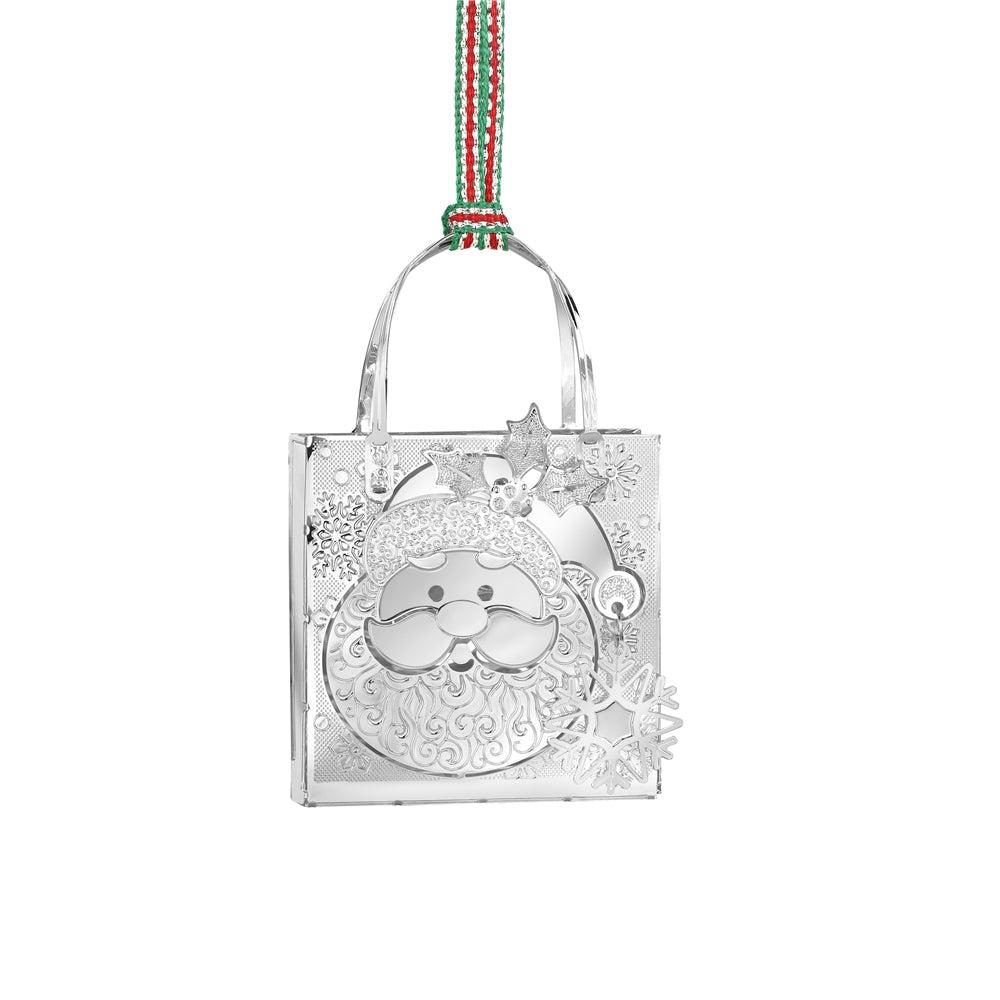 Newbridge Silverware Santa Gift Bag Christmas Tree Decoration - Silver Plated Hanging Ornament with Festive Ribbon, Santa Claus Face, Snowflakes, Holly
