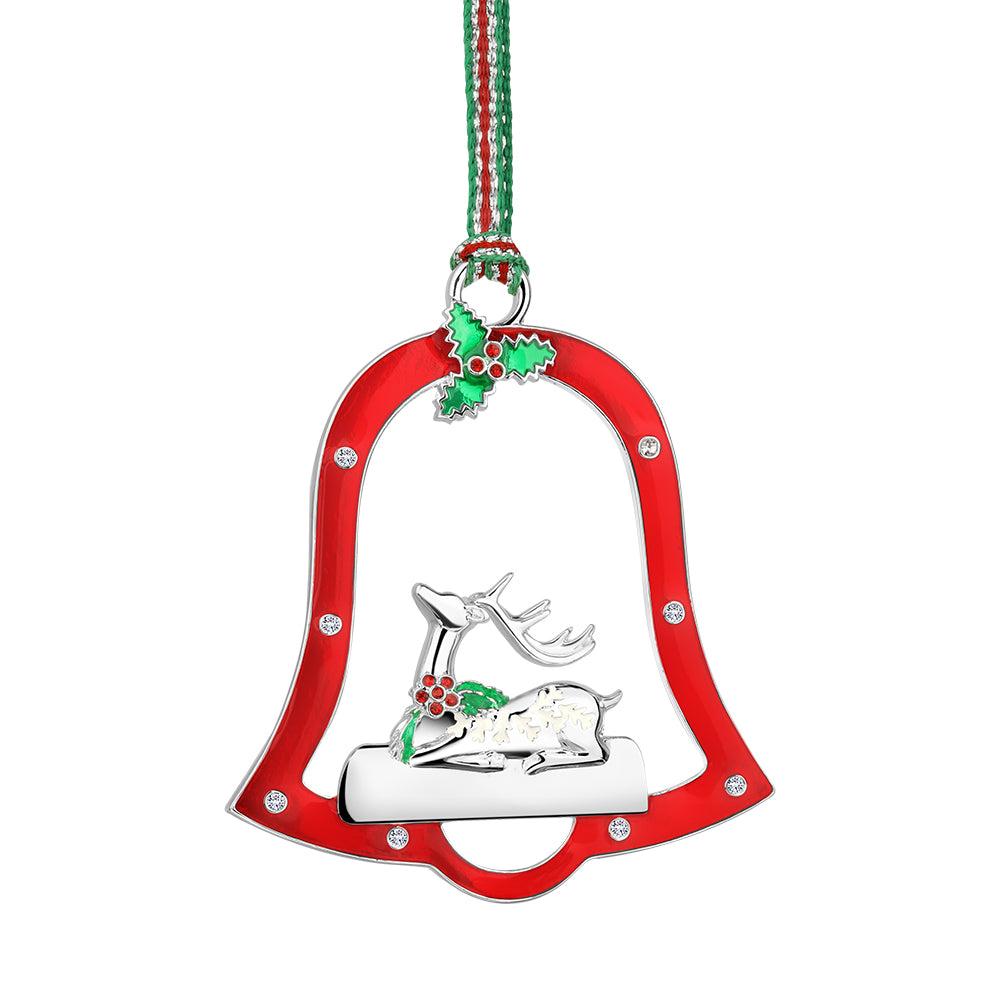 Newbridge Silverware Resting Reindeer Christmas Tree Decoration Silver Plated Red Bell Holly Ribbon