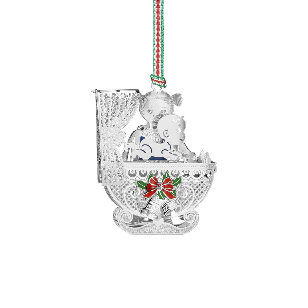 Newbridge Silverware Baby Cradle Christmas Tree Decoration with Bow, Bells & Ribbon