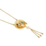 Gold Plate Bird with Pink Flower Pendant image