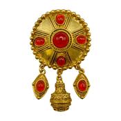 1980's Gold Tone Faux Amber Cabochon Dangle Brooch