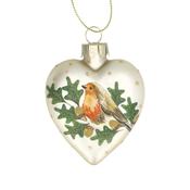 Pale Gold/Robin in Oak Glass Heart Christmas Decoration image