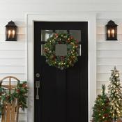 24 Inch Pre-Lit Wintry Pine Artificial Christmas Wreath with Pine Cones &amp; Red Berries - 50 Warm White LEDs image