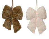 Fur Bow Ornament 30 cm with Satin Ribbon Hanger, Brown/Ivory – 2 Assorted Colours image