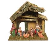 Nativity House with Bark and 8 Poly Figures 27x17x26 cm image