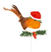 Robin with Santa Hat Christmas Pick 10 cm