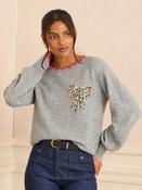 Love &amp; Roses Grey Leopard Print Bow Scallop Knitted Jumper