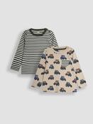 JoJo Maman Bébé Stone Tractor Print &amp; Stripe Long Sleeve 2-Pack Tops