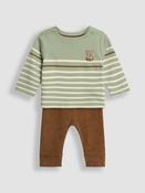 JoJo Maman Bébé Green Bear Embroidered Breton Top And Rib Leggings Set