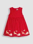 JoJo Maman Bébé Red Reindeer &amp; Robin Christmas Appliqué Cord Dress