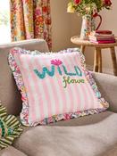 Lucy Tiffney Pink Wildflower Slogan Embroidered Frill Cushion