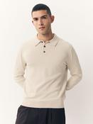 Neutral Marl Regular Fit Cotton Rich Long Sleeve Knitted Polo Shirt
