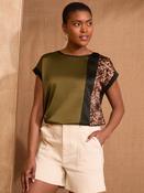 Love &amp; Roses Khaki and Animal Satin Front Satin Front V-Neck Short Sleeve Top