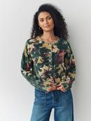 Ochre Yellow/Green Floral Print Crew Neck Knitted Cardigan
