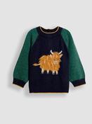 JoJo Maman Bébé Navy Blue Highland Cow Raglan Character Jumper image