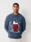 Blue Regular Fit Snoopy Christmas Crew Neck Jumper with Wool