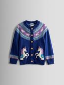 JoJo Maman Bébé Navy Blue Unicorn Fair Isle Appliqué Pocket Cardigan