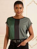 Love &amp; Roses Green and Black Embellished Cuff Satin Front Satin Front V-Neck Short Sleeve Top
