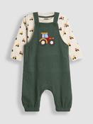 JoJo Maman Bébé Green Tractor 2-Piece Appliqué Waffle Dungarees &amp; Top Set