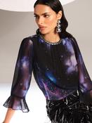 Love &amp; Roses Black Galaxy Print Embellished Flute Sleeve Blouse