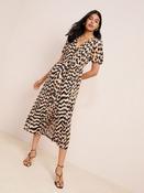 Friends Like These Neutral Animal Textured Jersey Puff Sleeve V-Neck Button Midi Dress