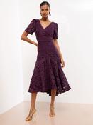 Lipsy Dark Purple Premium Broderie Lace Short Sleeve V Neck High Low Midi Dres