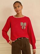 Love &amp; Roses Red Leopard Print Bow Scallop Knitted Jumper