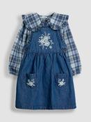 JoJo Maman Bébé Blue Denim Embroidered Pinafore Dress &amp; Blouse Set