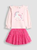 JoJo Maman Bébé Pink Unicorn Frill Sleeve Top &amp; Tulle Skirt Set