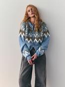 Nothing Ordinary Blue Check Fairisle Pattern Knit Zip Through Jumper With Wool