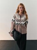 Nothing Ordinary Taupe Check Fairisle Pattern Knit Zip Through Jumper With Wool