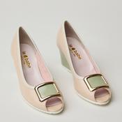 Le Babe Blush and Green Combination Peep-toe Patent Leather Wedge Shoes