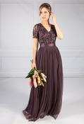 Maya Dark Purple V Neck Sequin and Tulle Dress with Tie Waist | Pamela Scott, Dark Purple / 6 image