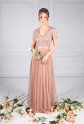 Maya Blush V Neck Sequin and Tulle Dress with Tie Waist | Pamela Scott, Blush / 20 image