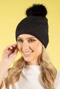 Ribbed Knit Pom Pom Beanie, Black / F/S image