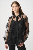 Floral Embroidered Long-sleeve Shirt, Black / XS