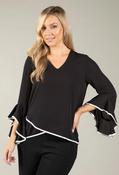 Contrast Trim Flared Sleeve Top, Black / XL image