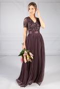 Dark Purple V Neck Sequin and Tulle Dress with Tie Waist - Dark Purple / 6 image